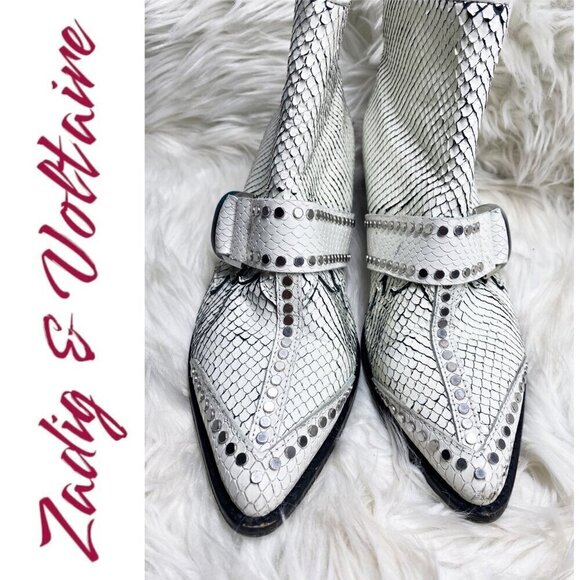 ZADIG & VOLTAIRE White Leather Snakeskin Urban Cowboy Studded Ankle Bootie, 37 - Picture 2 of 12
